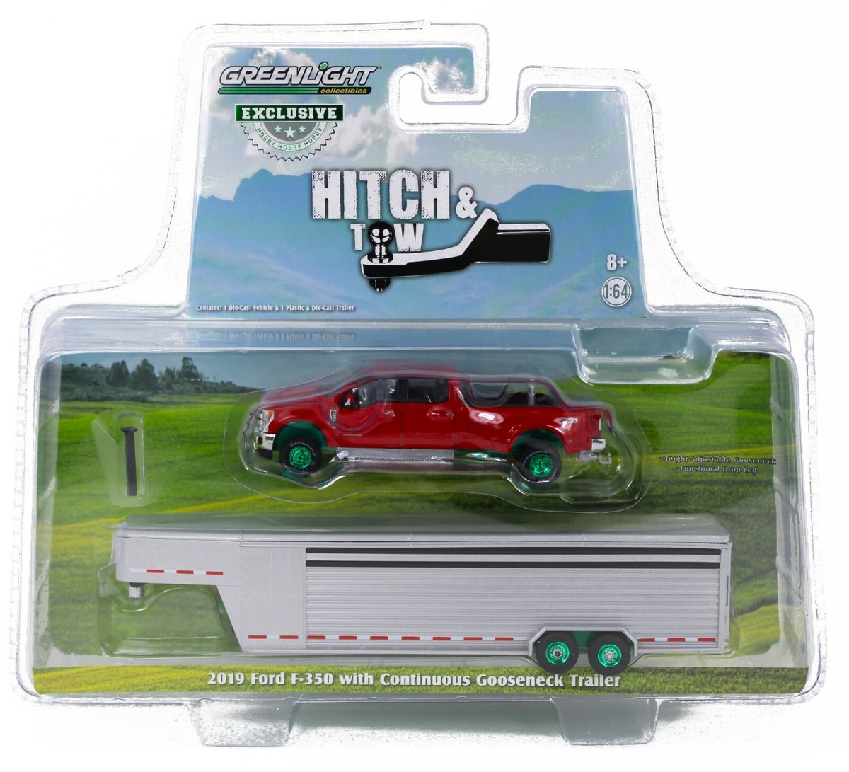 1:64 GreenLight *RED* 2019 Ford F350 Dually w/LIVESTOCK TRAILER