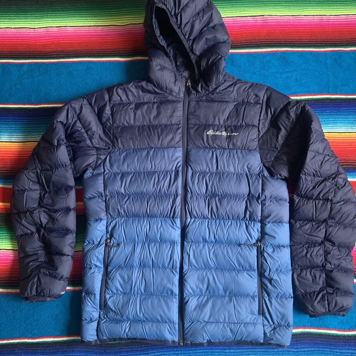 Eddie Bauer Mens EB650 Hooded Goose Down Puffer Jacket Blue Size