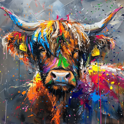 Highland Cow Colourful Oil Art Luxury Canvas Wall Picture Print