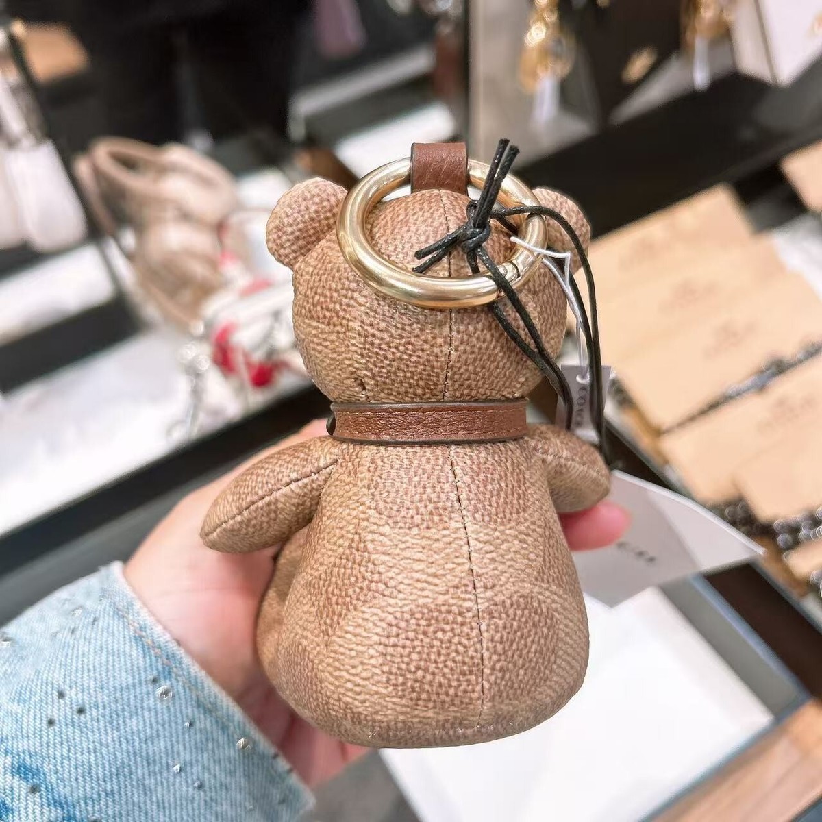 nwt Coach bear Bag Charm signature cavas/metal/leather key chain