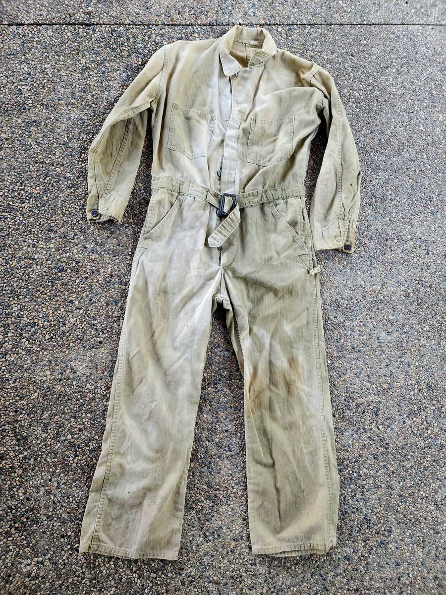 Vtg 40s WW2 US Army HBT 13 Star Coveralls 36L OD Tan Herringbone