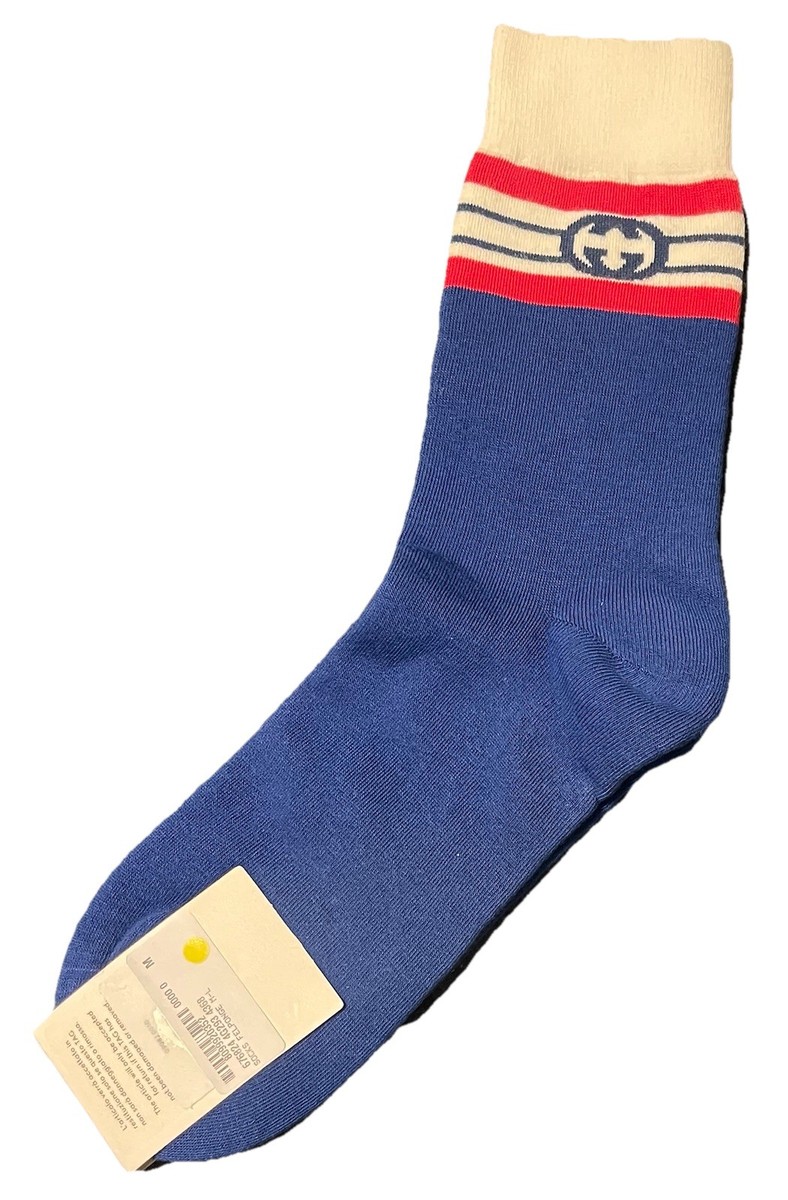 New Authentic Gucci GG Logo Socks Navy with Red & White Trim