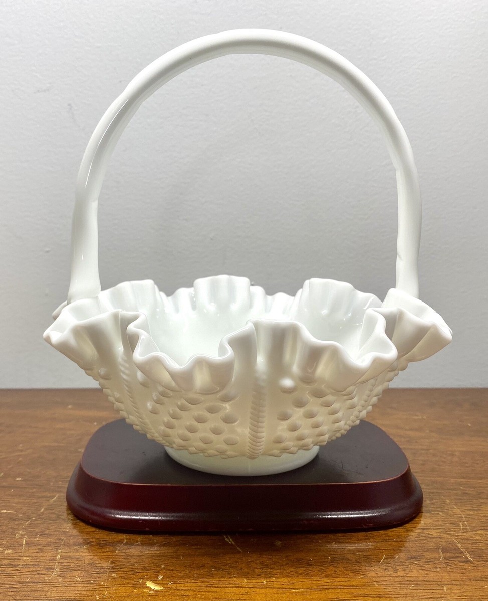 Vintage Fenton White Handled Milk Glass Hobnail Ruffled Edge