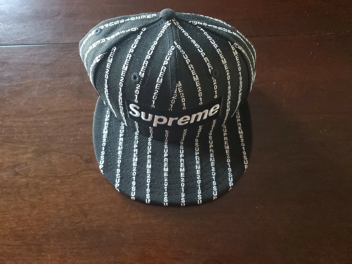 SUPREME Text Stripe New Era black 7 1/4 box logo camp cap SS 19