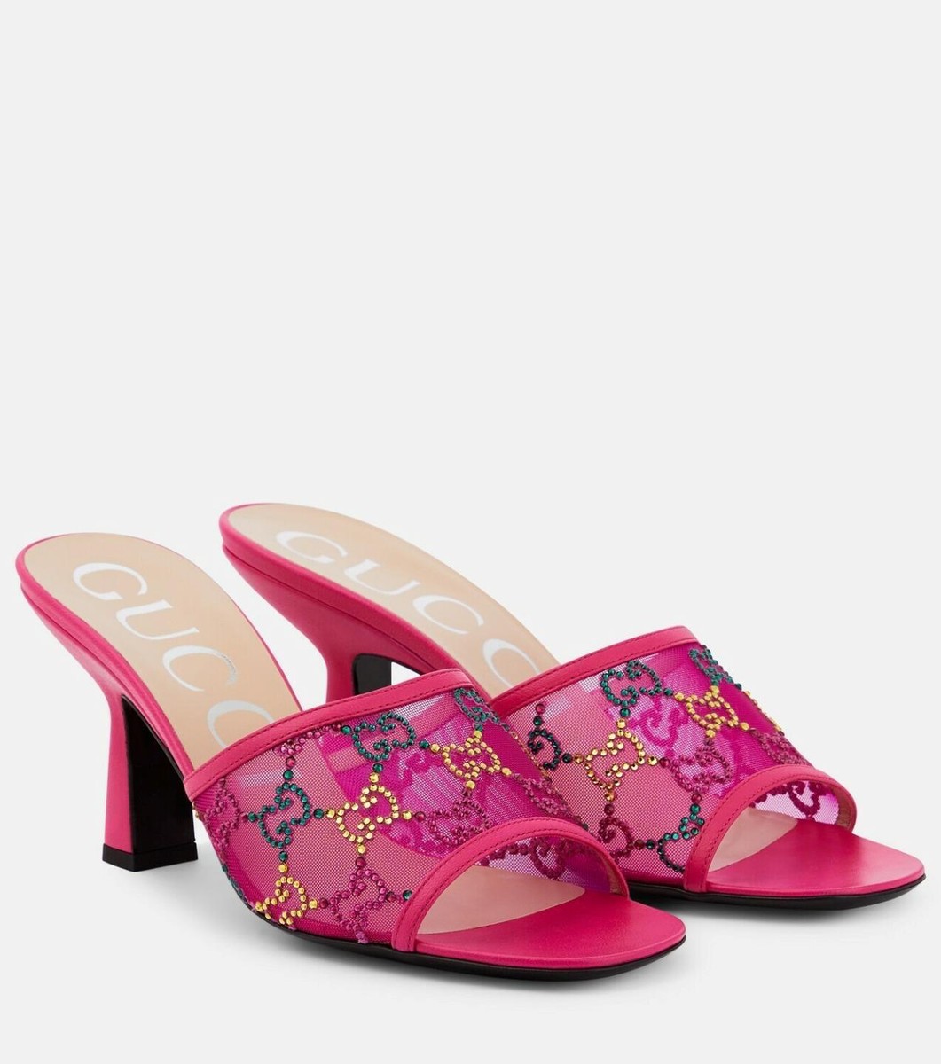 Gucci GG Monogram Demi Rhinestone Crystal Mesh Mules Heels Sandals