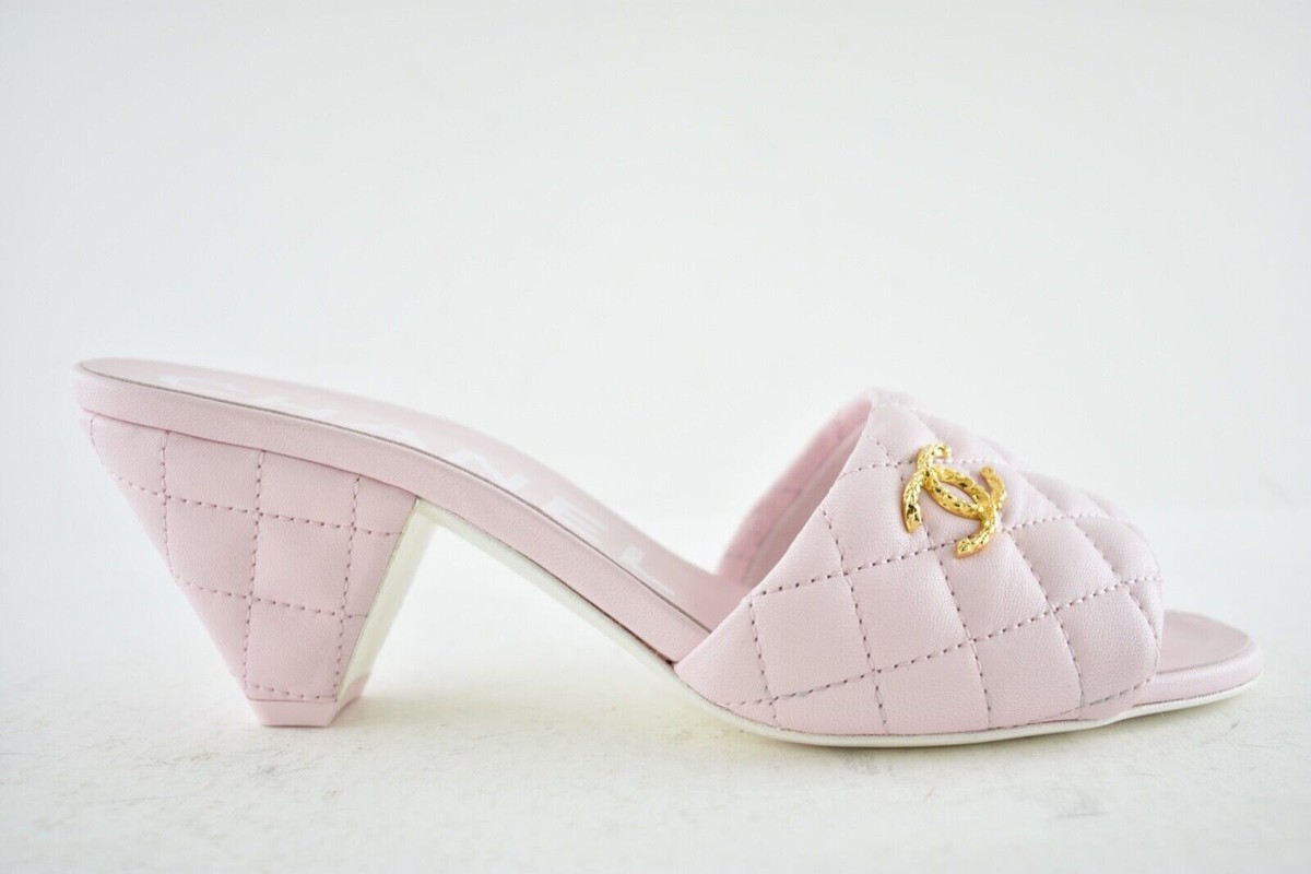 Chanel 22P Light Pink Lambskin Quilted CC Logo Cone Heel Mule