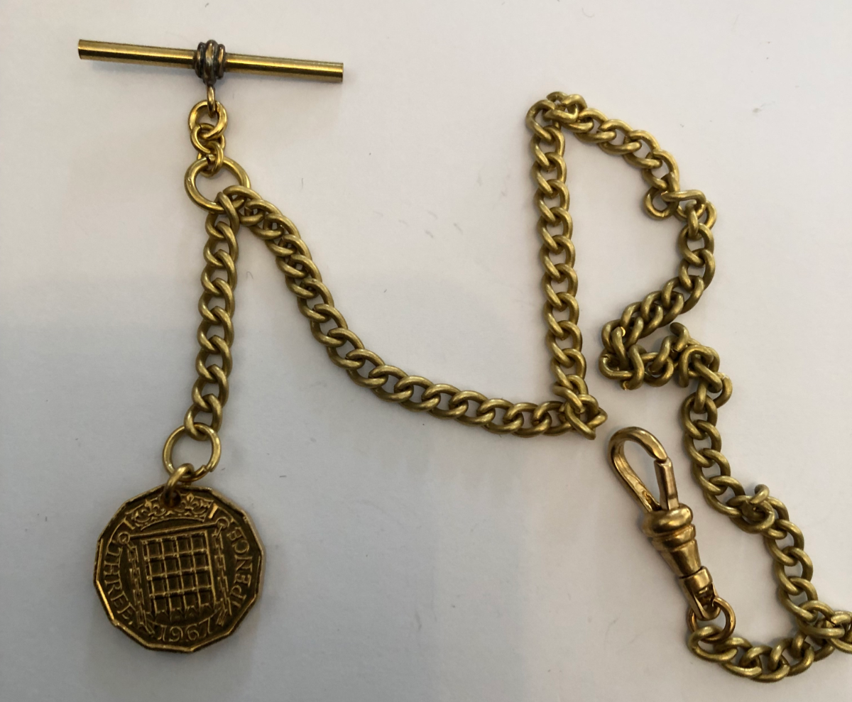 vintage type solid brass single albert pocket watch chain three