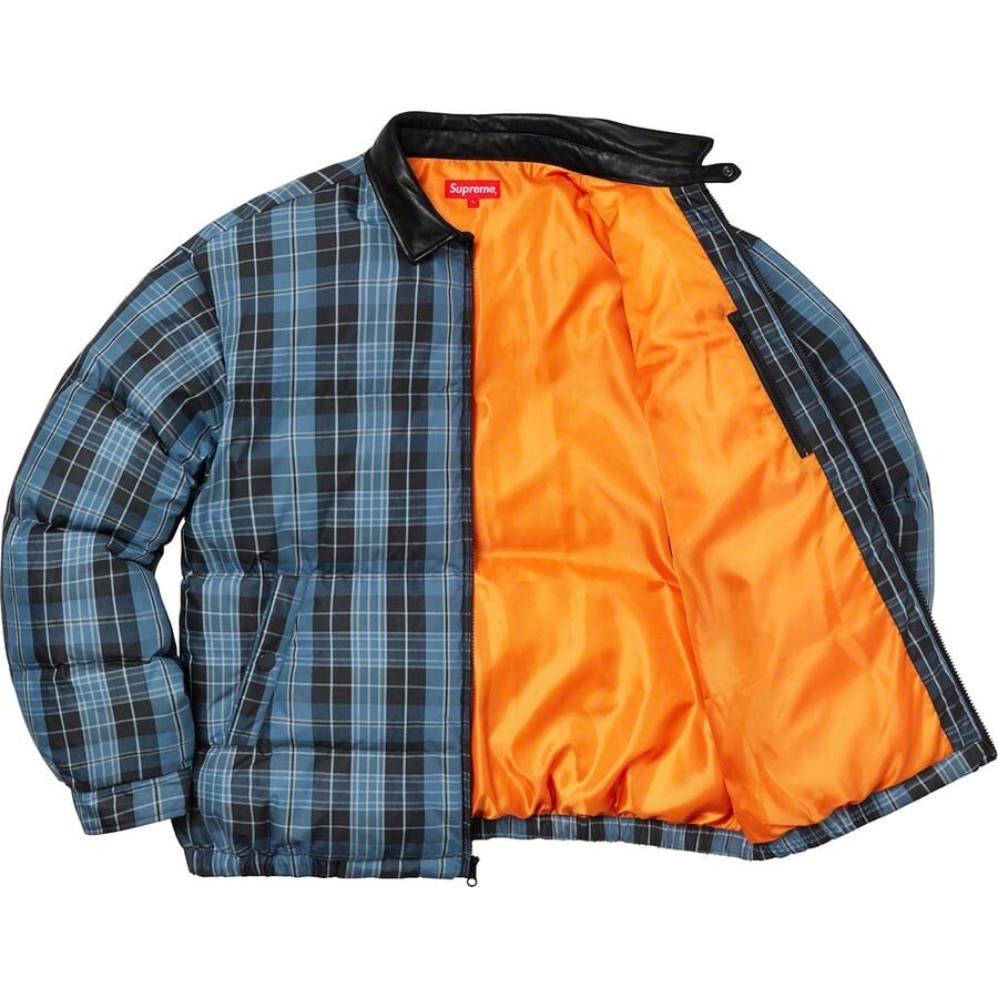 Supreme Leather Collar Puffy Jacket Blue Plaid New With Tag