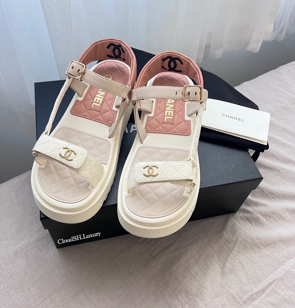 Auth Chanel BNIB 23A White Beige CC Logo Platform Strap Sandals
