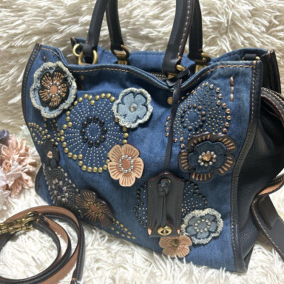 COACH Rogue Tea Rose Denim 2way Bag Embroidered Floral Top Handle
