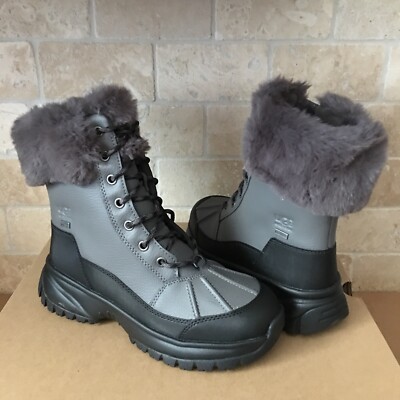 UGG YOSE FLUFF DARK GREY WATERPROOF LEATHER SHEEPSKIN SHORT BOOTS