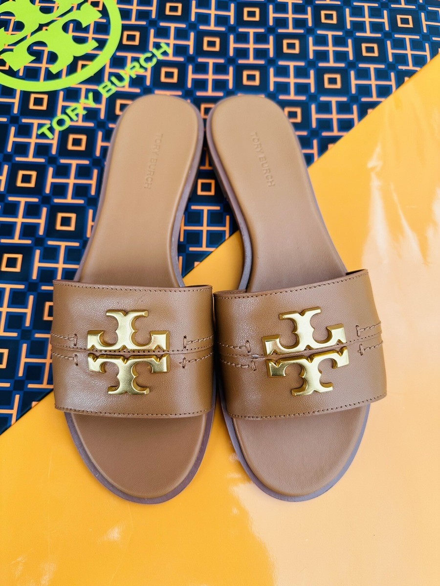 NIB Tory Burch Everly Slide Sandals Calf Leather Gold Logo Tan