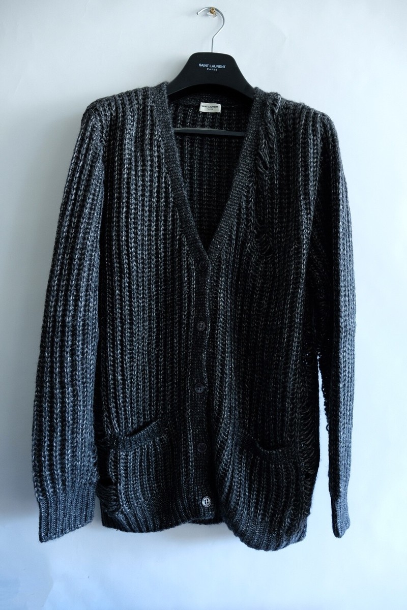Saint Laurent Destroyed Grey Knit Cardigan SS16 Surf Sound Hedi