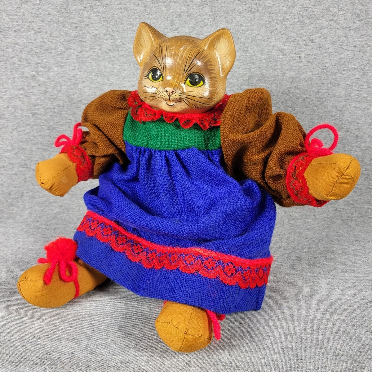 Vintage 80s Handmade Babushka Cat Kitty in Dress 12