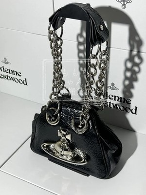 Vivienne Westwood Chain Shoulder Hand Bag Black Leather Saturn