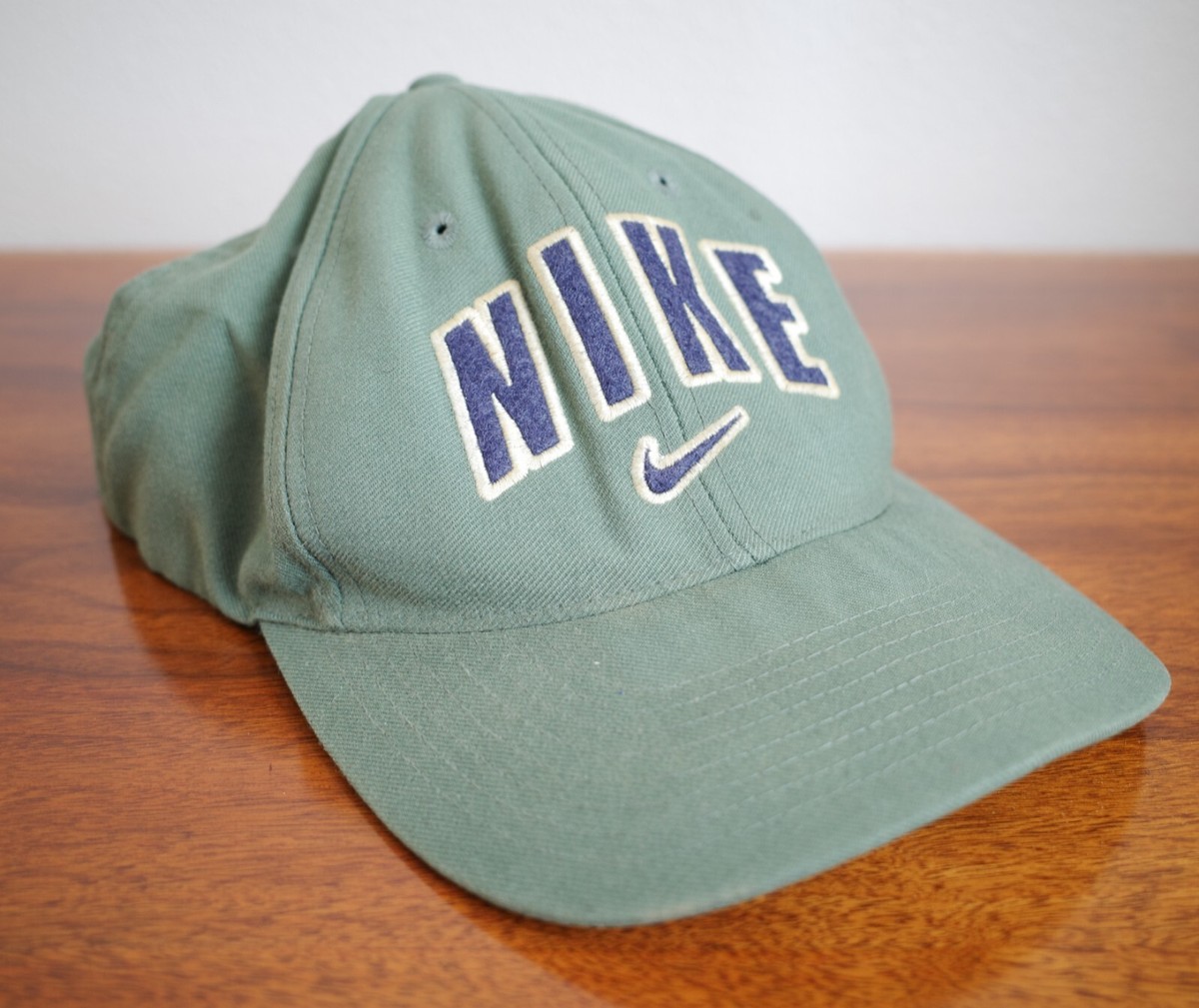 Vintage Nike Block Embroidered Logo Big Swoosh Snapback Hat Blue