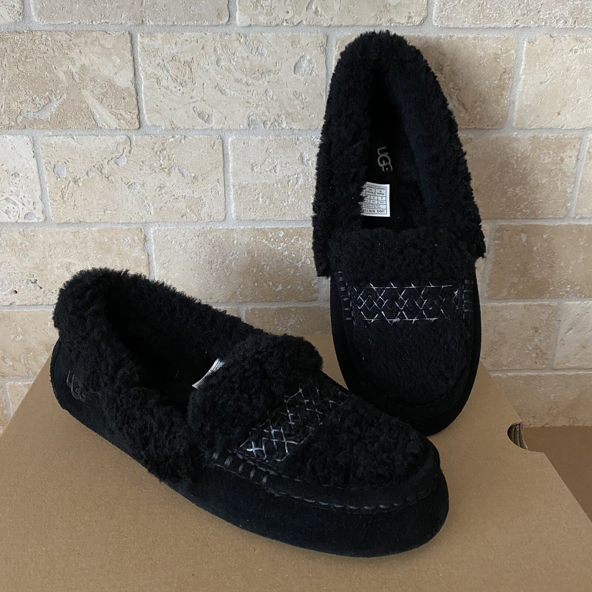 UGG ANSLEY BRAID BLACK SUEDE FUR MOCCASIN LOAFER SLIPPERS SIZE US