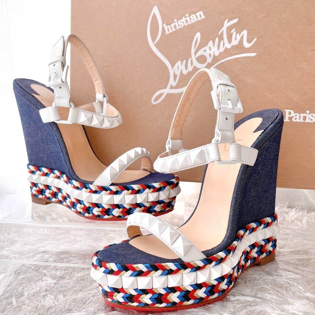 Christian Louboutin Sandals Mules Cataclaw Wedges Studs Denim Blue