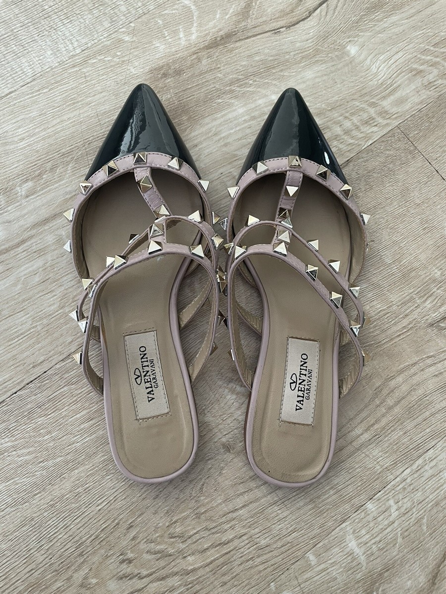 Valentino Garavani Rockstud Patent Leather Mule Flats Black Poudre