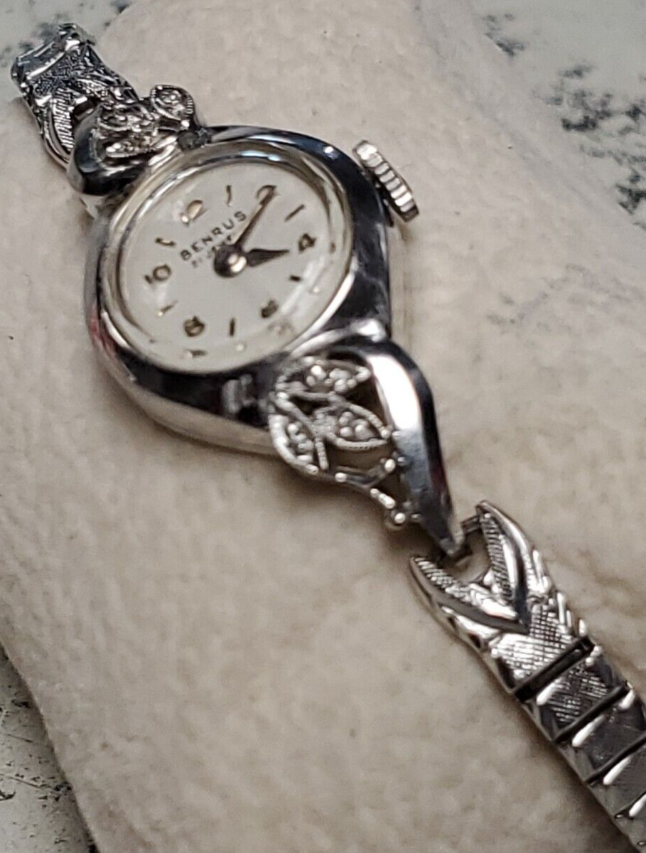 21 JEWEL 14K WHITE GOLD 6 DIAMOND WOMEN'S BENRUS WATCH old vintage