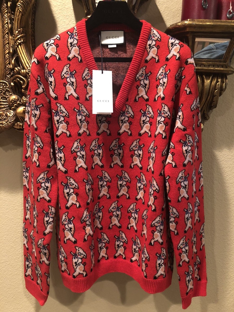 100% Authentic GUCCI Red Dancing Pig Print Wool V- Neck Sweater