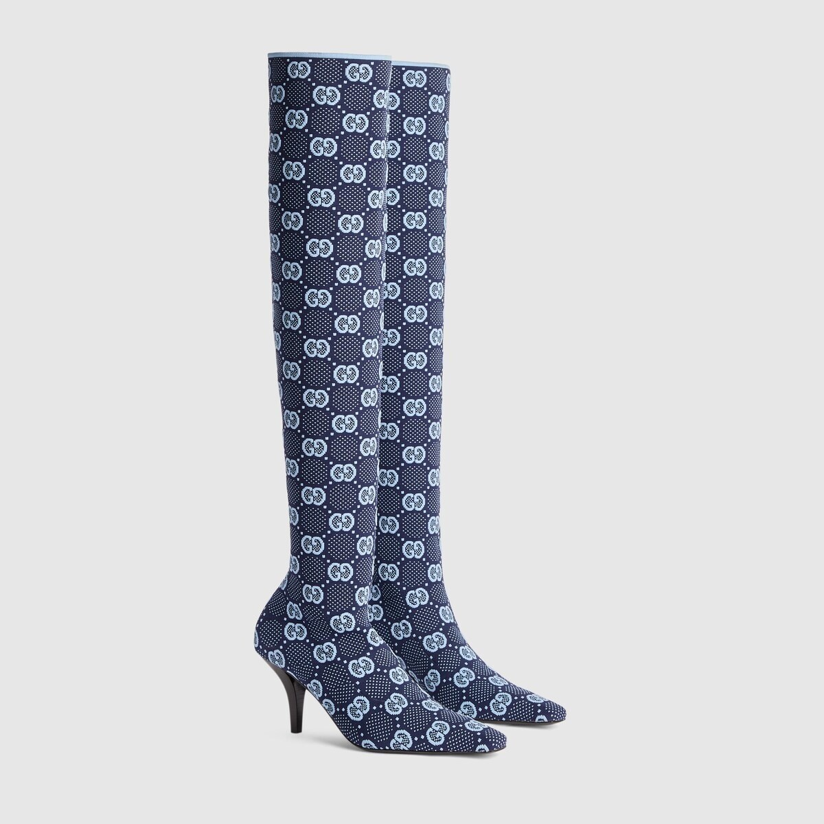 Gucci GG Supreme Blue Knit Socks Pull On Knee High Boots 37/ 7 NIB