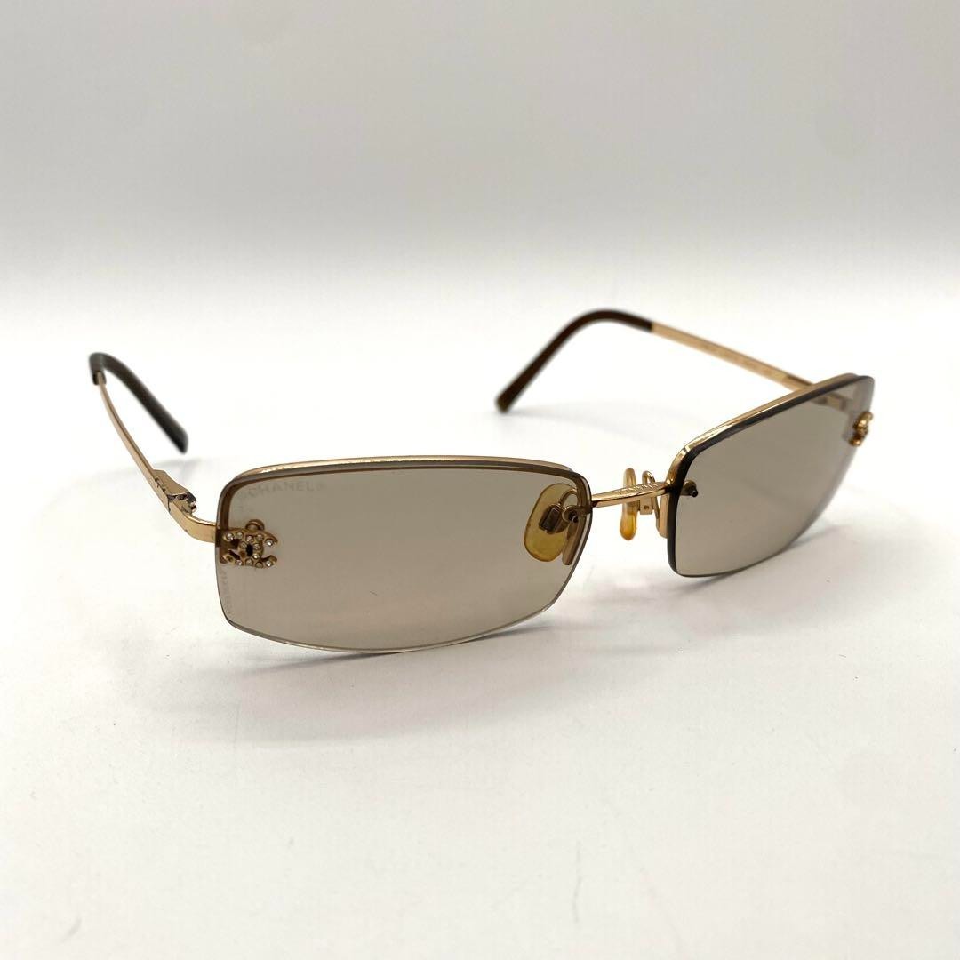 Chanel 4093-B Rimless Sunglasses Gold Frame Brown Lens Crystal