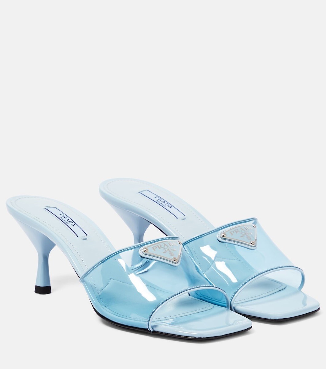 Prada Blue Logo Ciabatte Clear PVC Leather Trim Slide Heels
