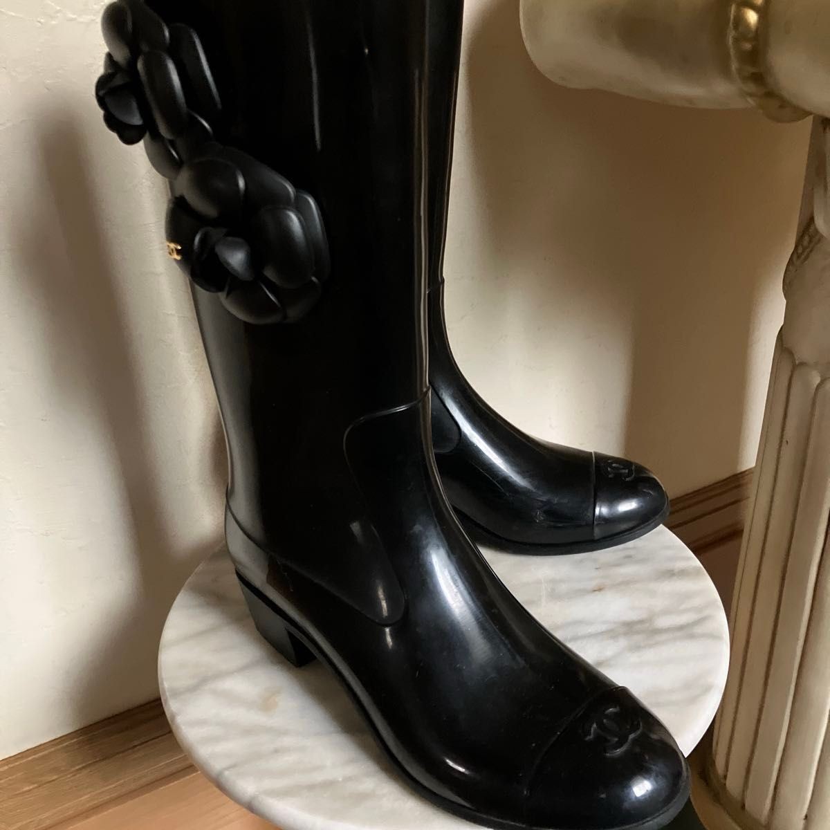 CHANEL Camellia Rubber Rain Boots 37 Coco Mark Flower Black | eBay