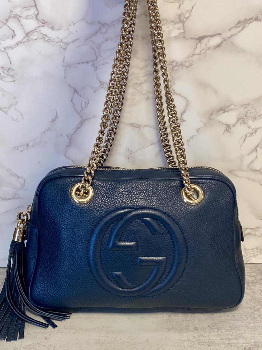 Authentic Gucci Soho Navy Blue Leather Double Gold Tone Chain