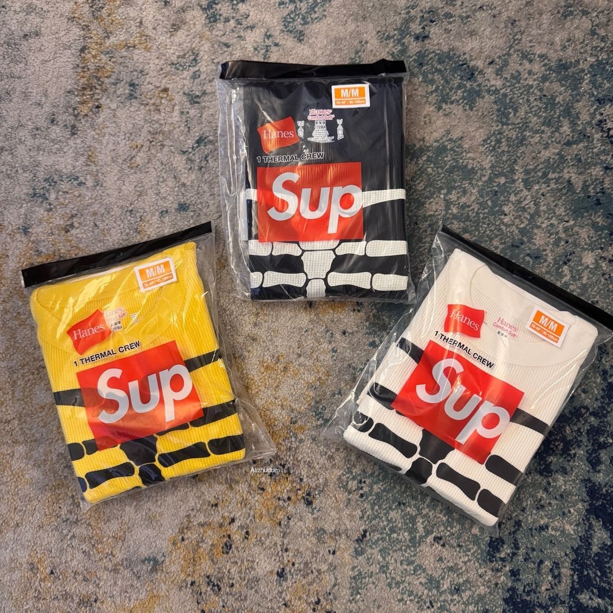 SUPREME FW25 HANES BONES THERMAL CREW 1 PACK BLACK NATURAL YELLOW