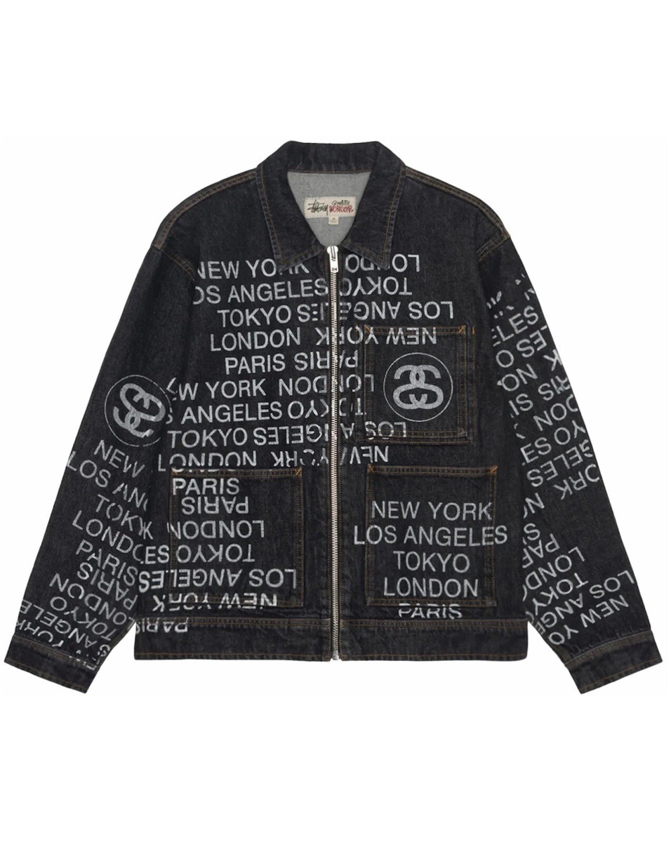 Stussy Zip Work Jacket City Link Denim Washed Black Size XL | eBay