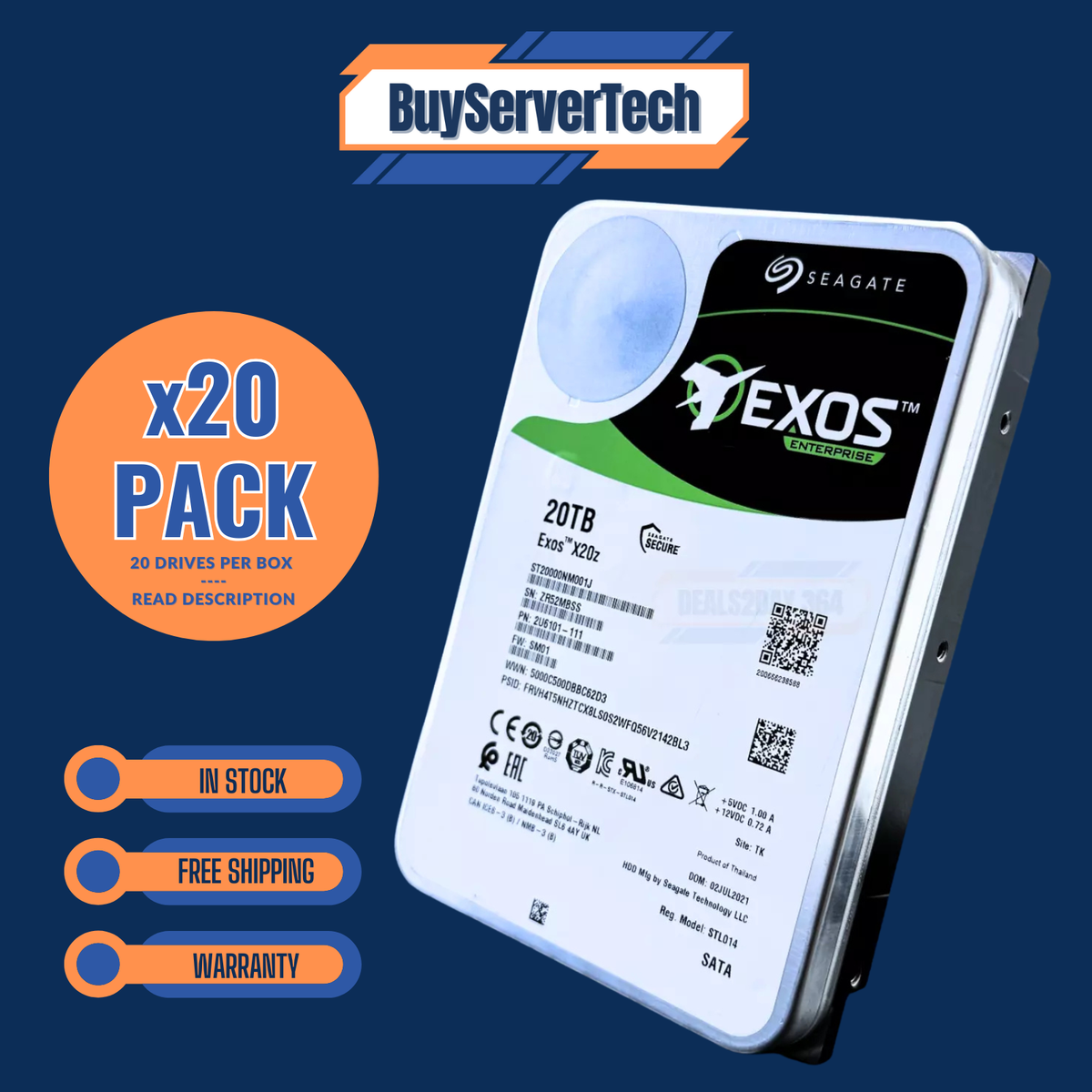 Lot of 20 Seagate Exos X20z 20TB ST20000NM001J 7.2k 3.5
