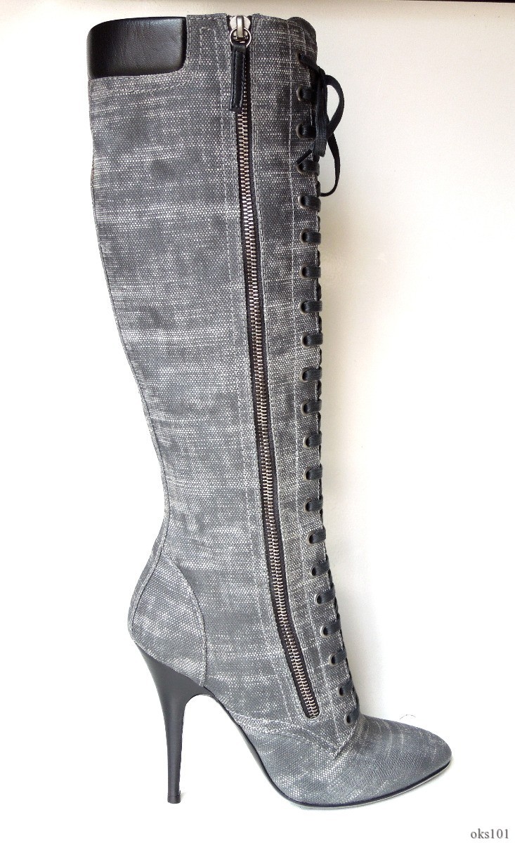 Giuseppe ZANOTTI grey lace-up side zipper heels TALL BOOTS - SEXY