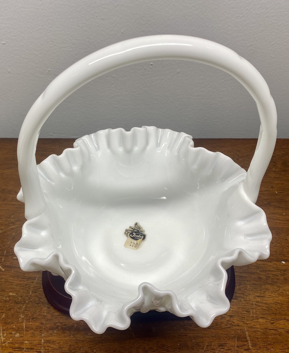 Vintage Fenton White Handled Milk Glass Hobnail Ruffled Edge