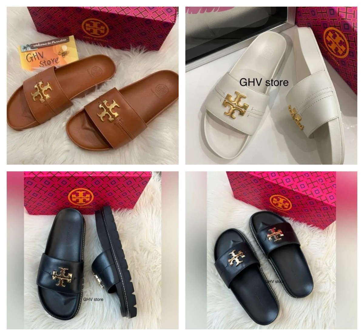 NIB Tory Burch Everly Anatomic Lug Leather Slide Sandal Holiday