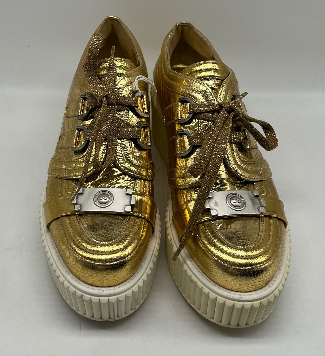 Chanel Metallic Gold Platform Lace-Up Sneaker w/ CC Buckle sz 39.5