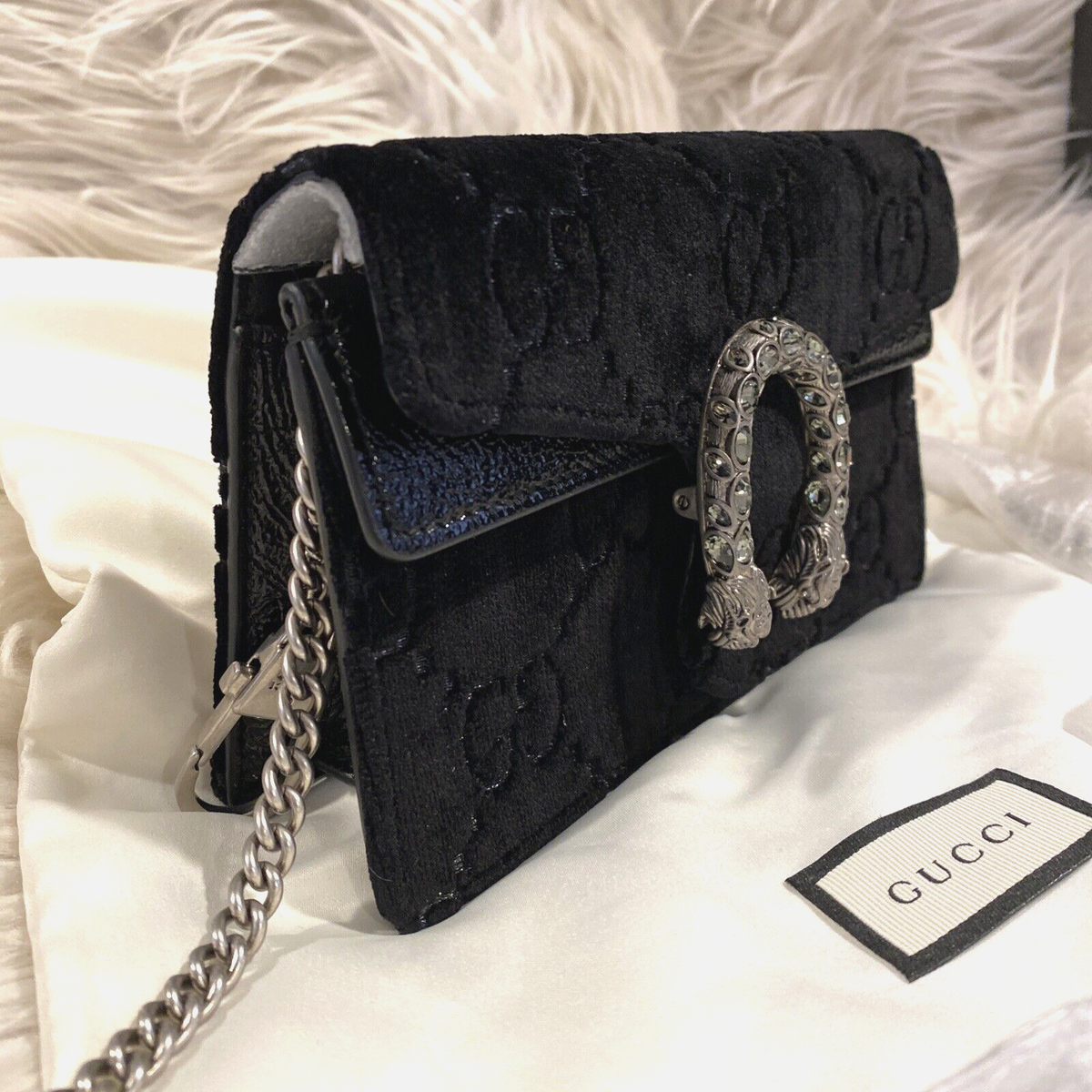 Gucci Dionysus GG Logo BLACK Velvet Crystal Mini Shoulder