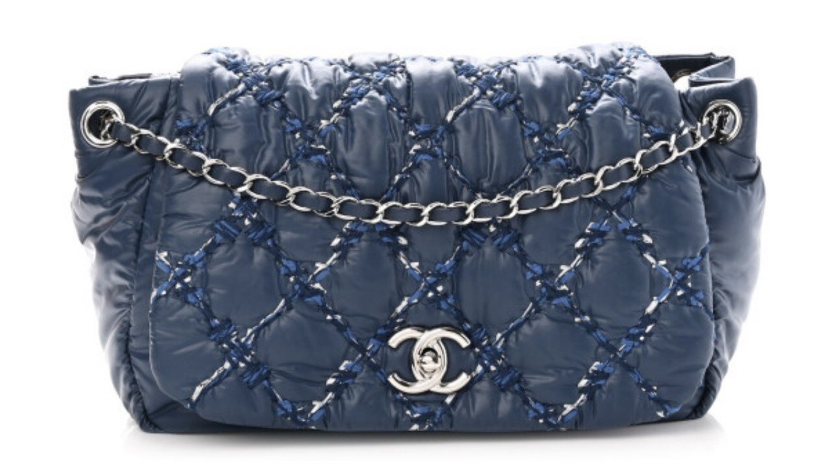 Chanel Nylon Tweed Stitch Handbag In blue-excellent Pre Owned