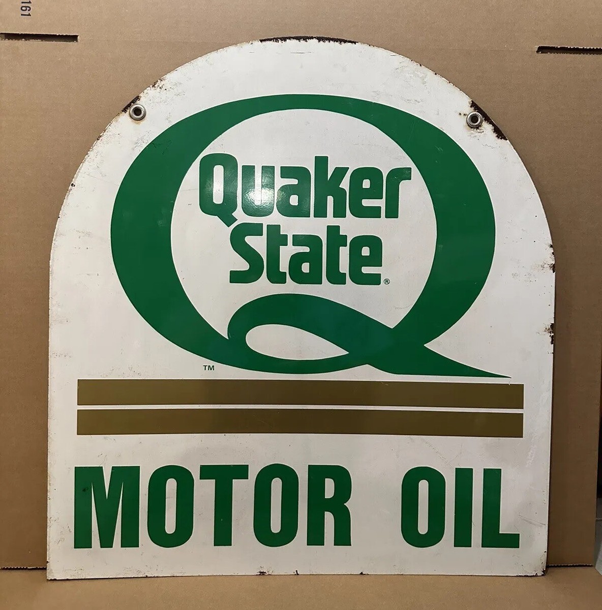 Vintage Quaker State Motor Oil Sign Double Sided Metal Tombstone