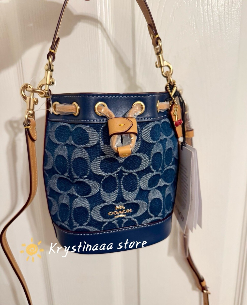 Coach Mini Bucket Bag In Signature Denim CY740 NWT With Cherry
