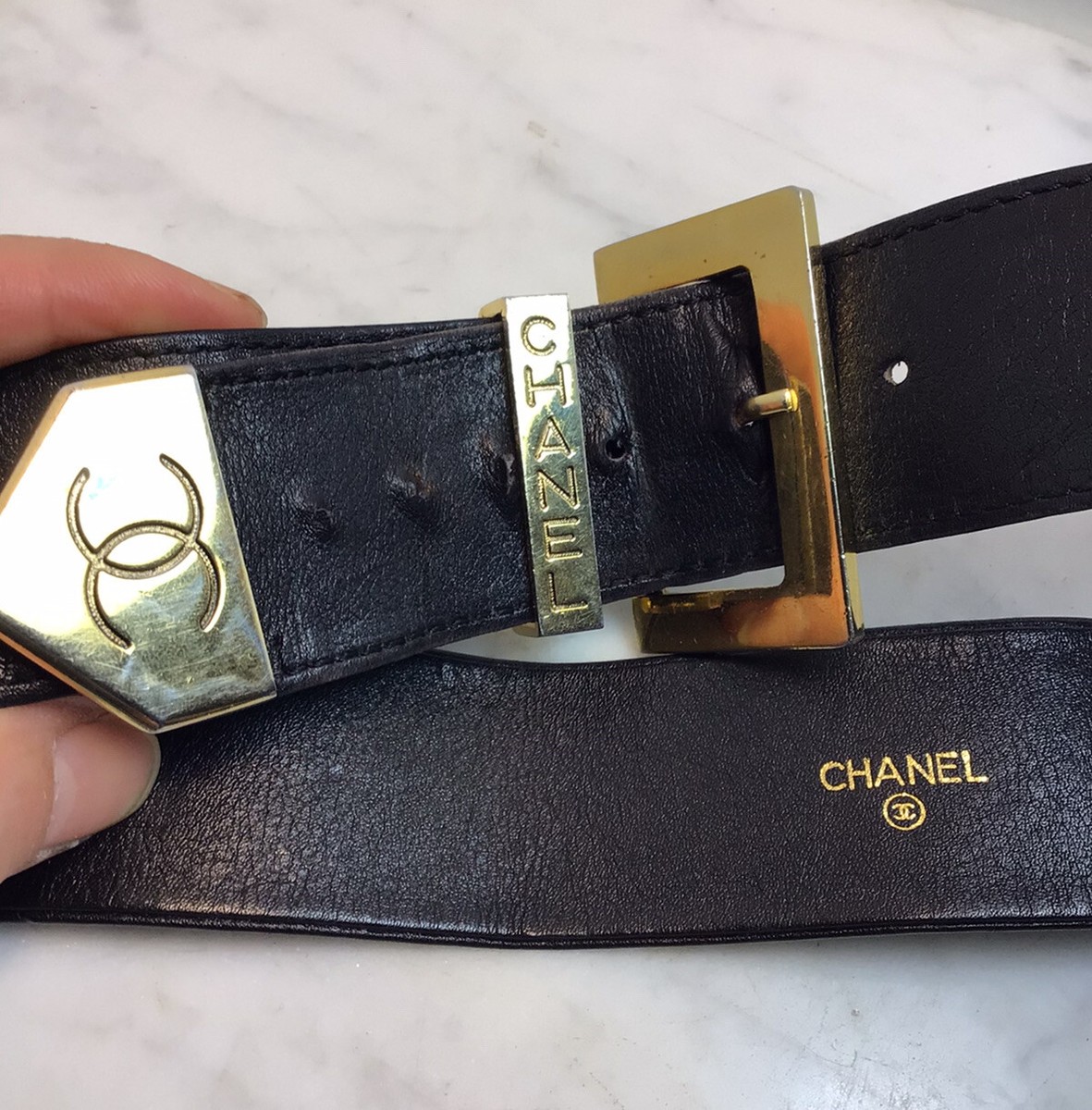 Vintage CHANEL Black Leather Waist Belt With Gold Tone Medallion