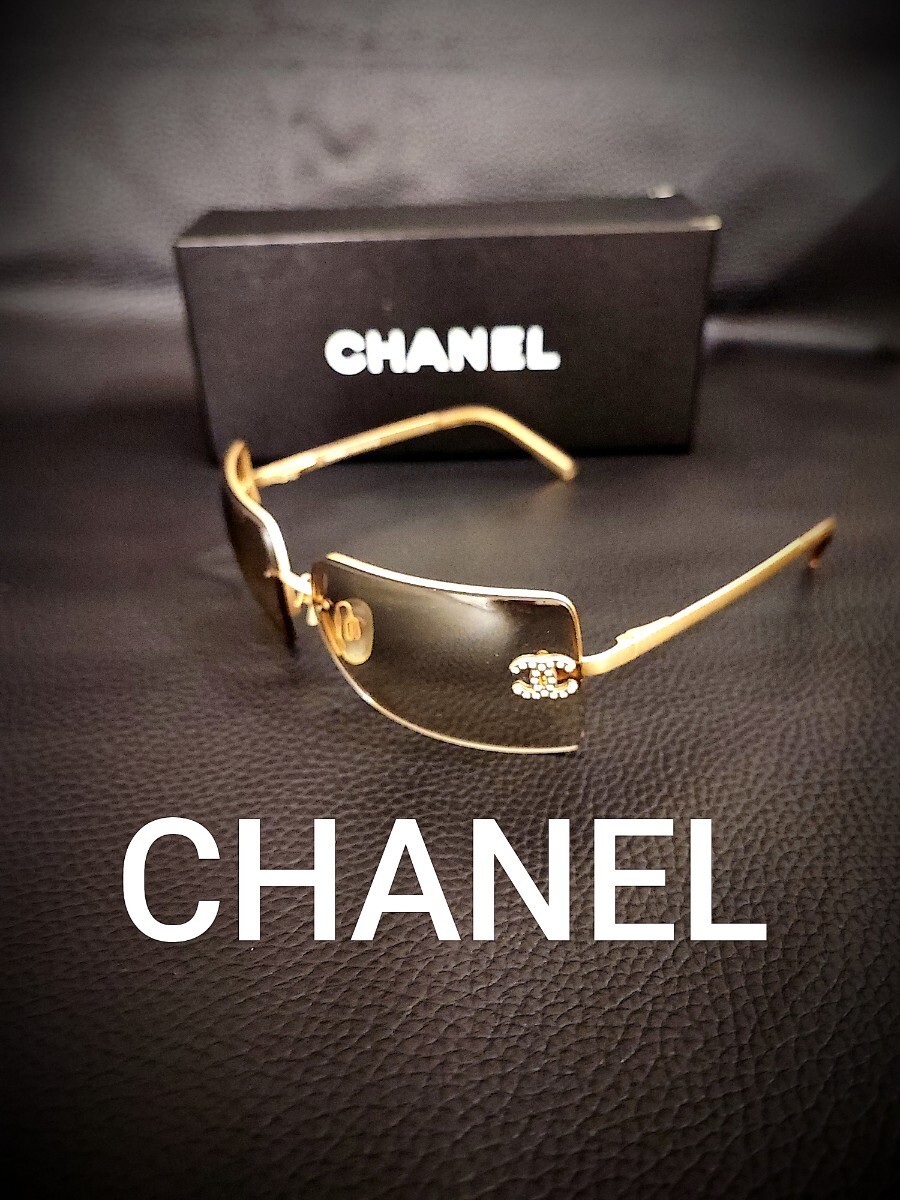 CHANEL 4092-B Sunglasses Rhinestone Coco Mark Gold Rimless