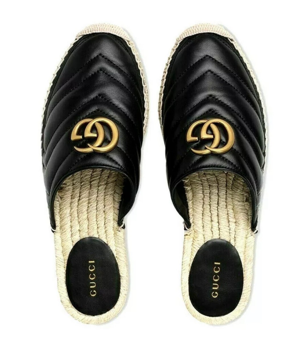 Gucci Marmot Black Leather GG Espadrille Mules Slip On Shoes Women