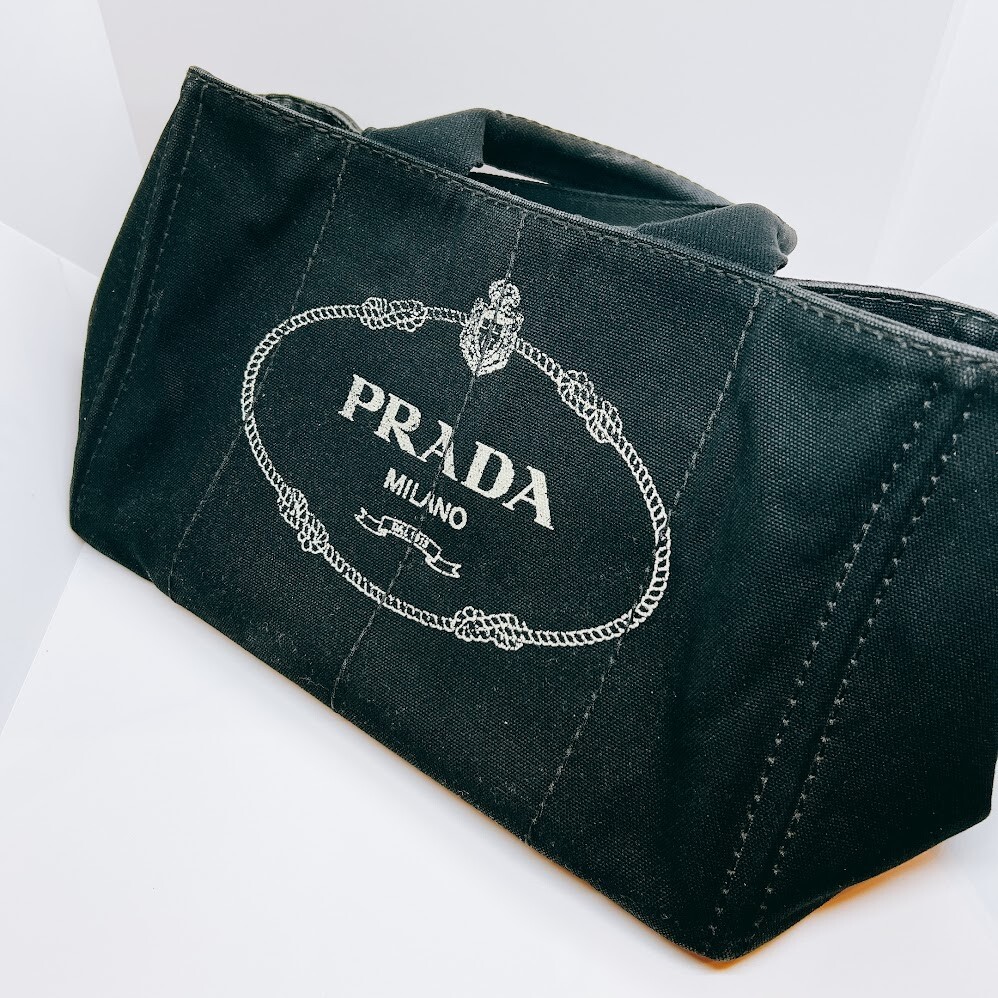 Authentic PRADA Logo Canapa CanvasTote Bag Black L Size 34x20x20cm