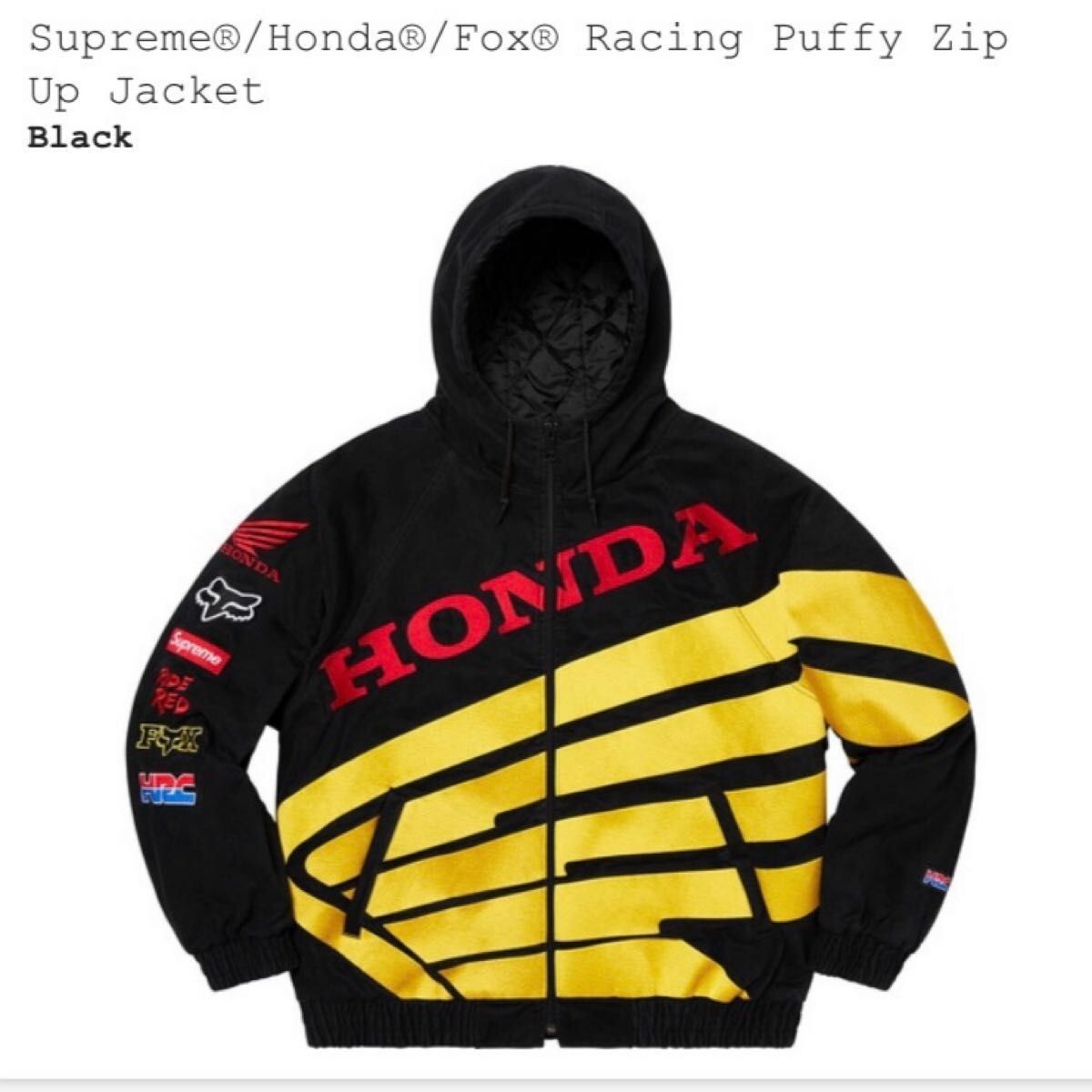 New Supreme Honda Fox Racing Puffy Zip Up Jacket Black FW19 2019