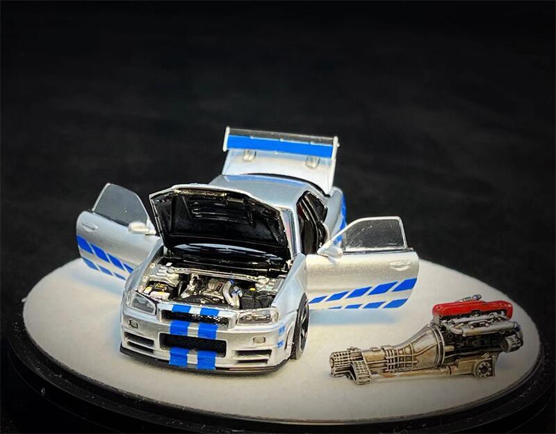 PGM x Onemodel 1:64 GTR R34 Z-TUNE Silver Blue Diecast Model Car