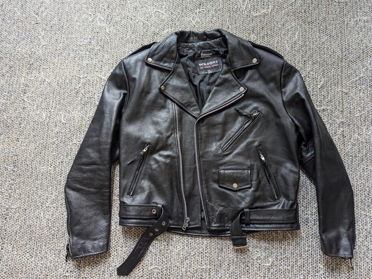 vintage 1990s black WILSONS motorcycle jacket XL belted 46 punk