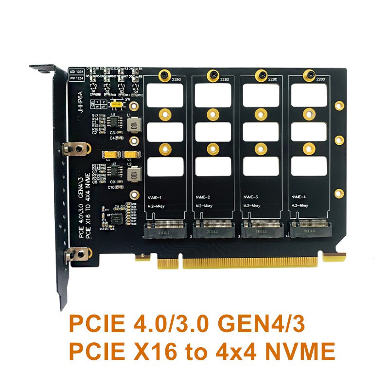 Quad NVMe PCIe Adapter 4 Ports M.2 NVMe SSD to PCI-E 4.0 Gen4 X16