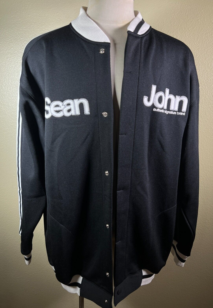 Vintage Sean John Hidden Snap Black White Striped Varsity Logo
